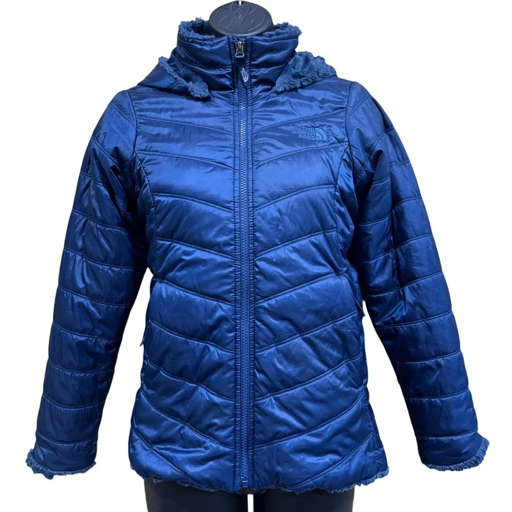 The North Face‎ Jacket Girls 10/12 Blue Perrito Reversible Hooded Puffer Quilted
